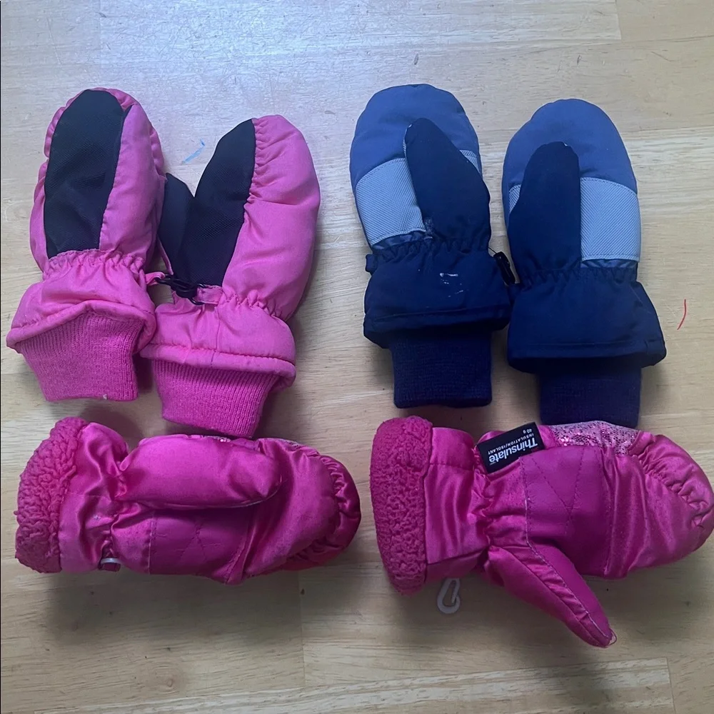 3 Insulated Pink and Navy Kids Mittens Set